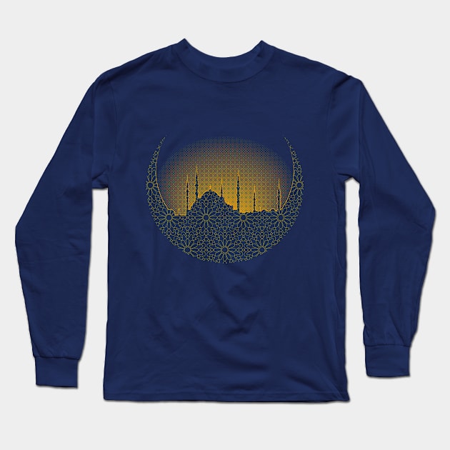 Blue mosque in a crescent over sunset Long Sleeve T-Shirt by diplikaya